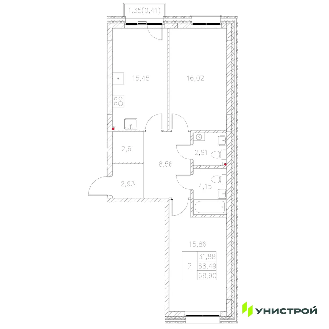 Планировка 2-комн. квартира, 68.9 м² ЖК «Statum»