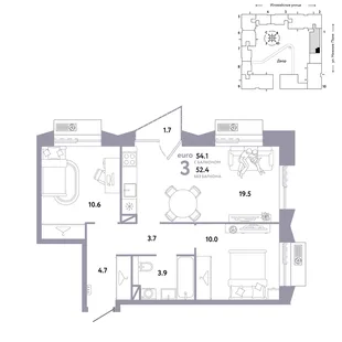 Планировка 3-комн. квартира, 54.1 м² ЖК «Страна.Заречная»