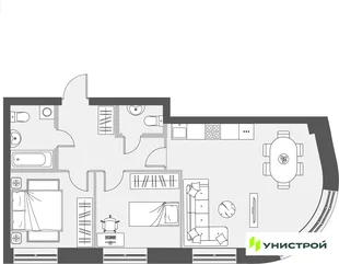 Планировка 2-комн. квартира, 63.36 м² ЖК «Уникум на Проспекте Победы»