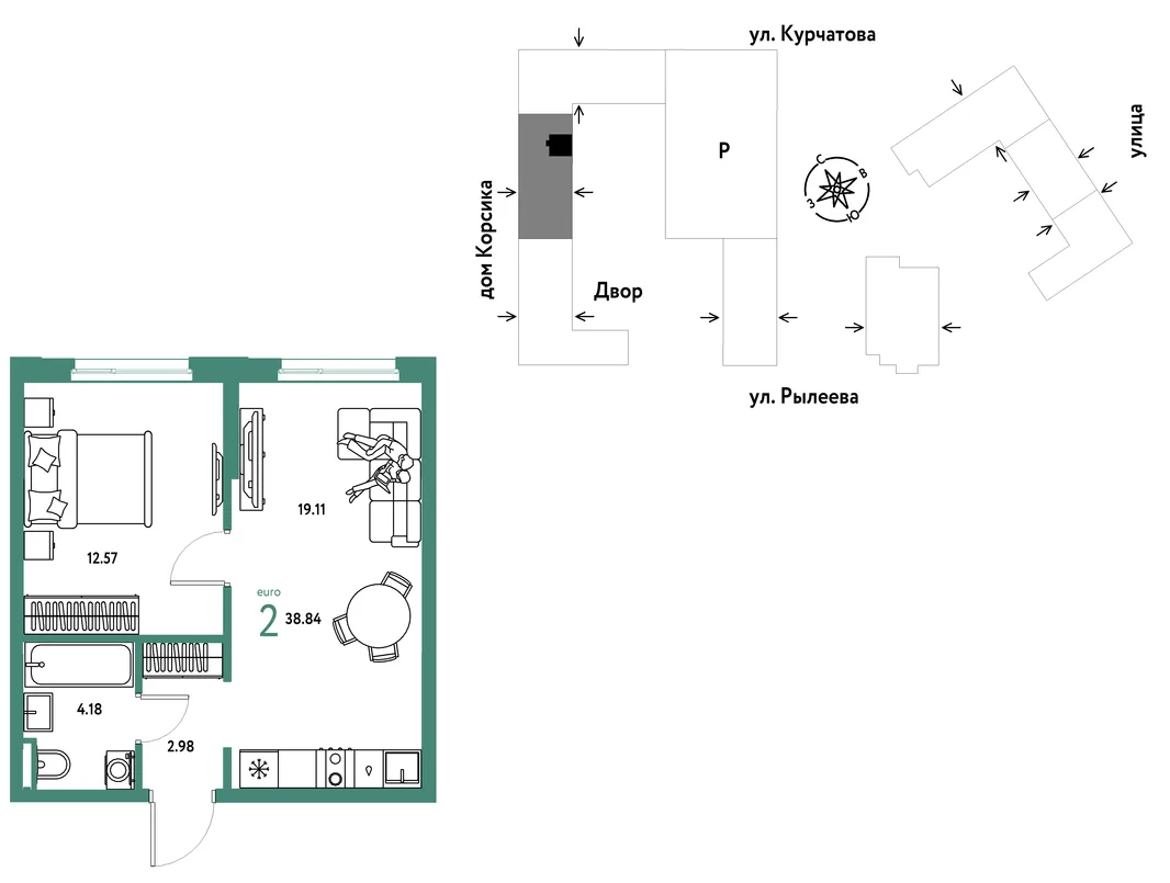 Планировка 2-комн. квартира, 38.83 м² ЖК «Остров-сад»