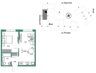 Планировка 2-комн. квартира, 38.83 м² ЖК «Остров-сад»