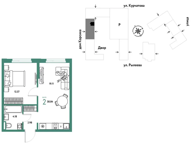Планировка 2-комн. квартира, 38.83 м² ЖК «Остров-сад» Планировка 2-комн. квартира, 38.83 м² ЖК «Остров-сад»