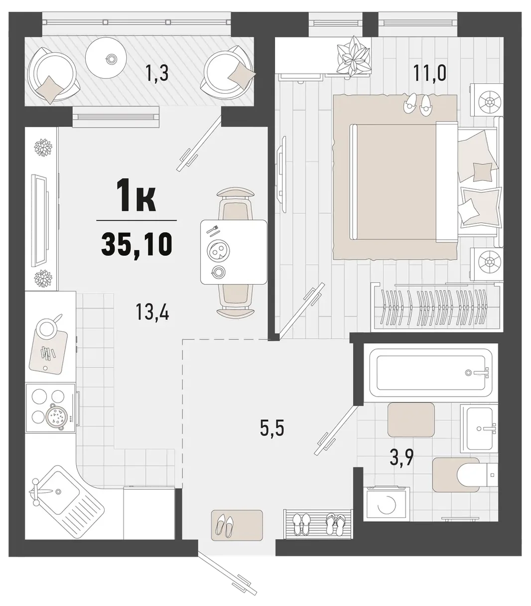 Планировка 1-комн. квартира, 36.4 м² ЖК «Барса»