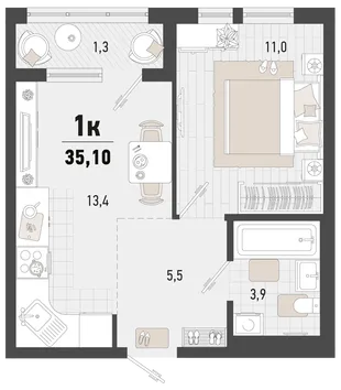 Планировка 1-комн. квартира, 36.4 м² ЖК «Барса»