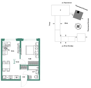 Планировка 2-комн. квартира, 37.25 м² ЖК «Сердце Сибири»