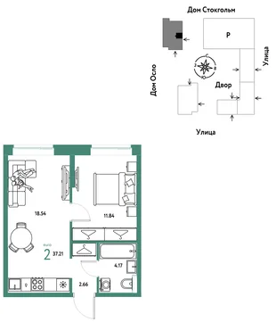 Планировка 2-комн. квартира, 37.21 м² ЖК «Европейский берег 2.0»