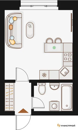 Планировка 1-комн. квартира, 26.17 м² ЖК «Жилой кластер Q на Кулагина»