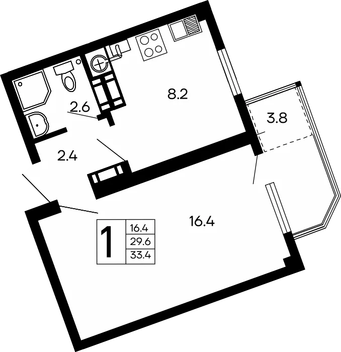 Планировка 1-комн. квартира, 33.4 м² ЖК «Семейный»