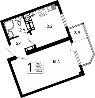 Планировка 1-комн. квартира, 33.4 м² ЖК «Семейный»