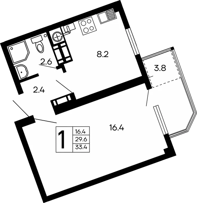 Планировка 1-комн. квартира, 33.4 м² ЖК «Семейный» Планировка 1-комн. квартира, 33.4 м² ЖК «Семейный»