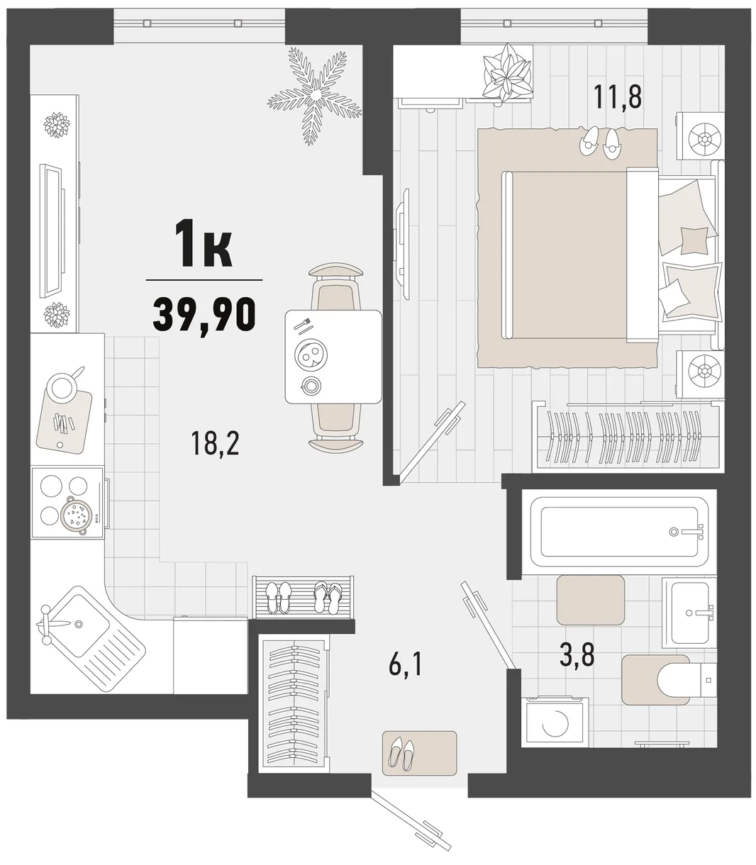 Планировка 1-комн. квартира, 39.9 м² ЖК «Барса»