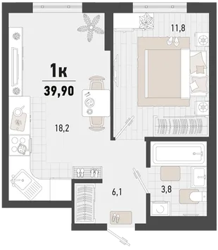 Планировка 1-комн. квартира, 39.9 м² ЖК «Барса»