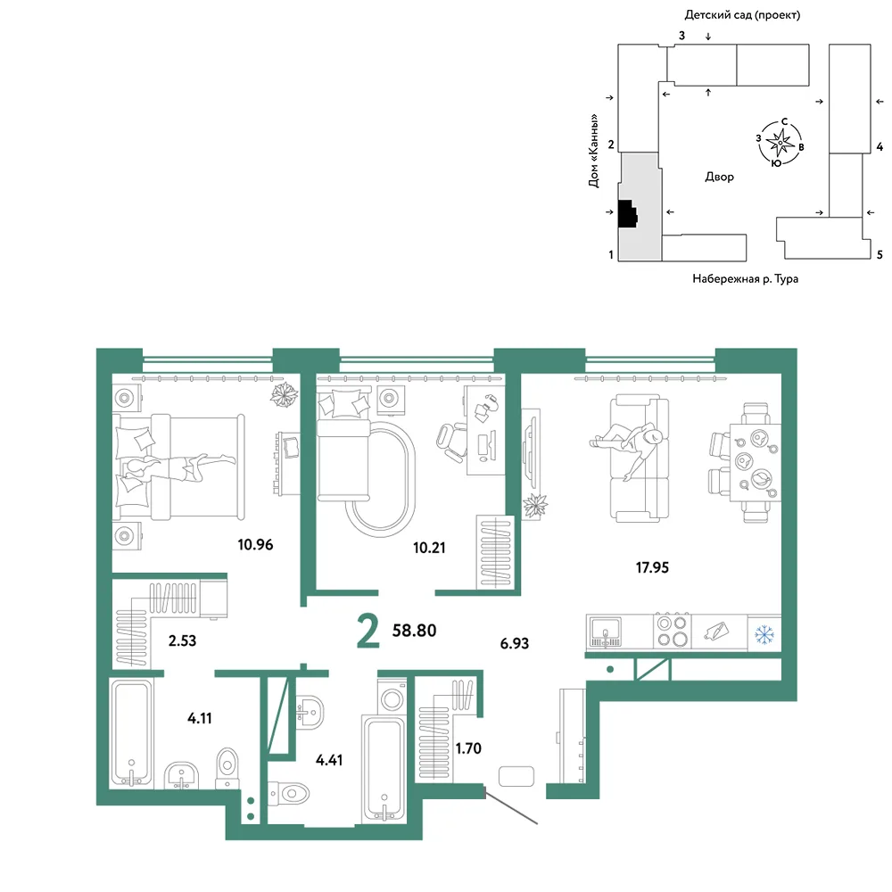 Планировка 3-комн. квартира, 58.8 м² ЖК «Европейский берег 2.0»