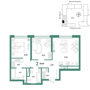 Планировка 3-комн. квартира, 58.8 м² ЖК «Европейский берег 2.0»