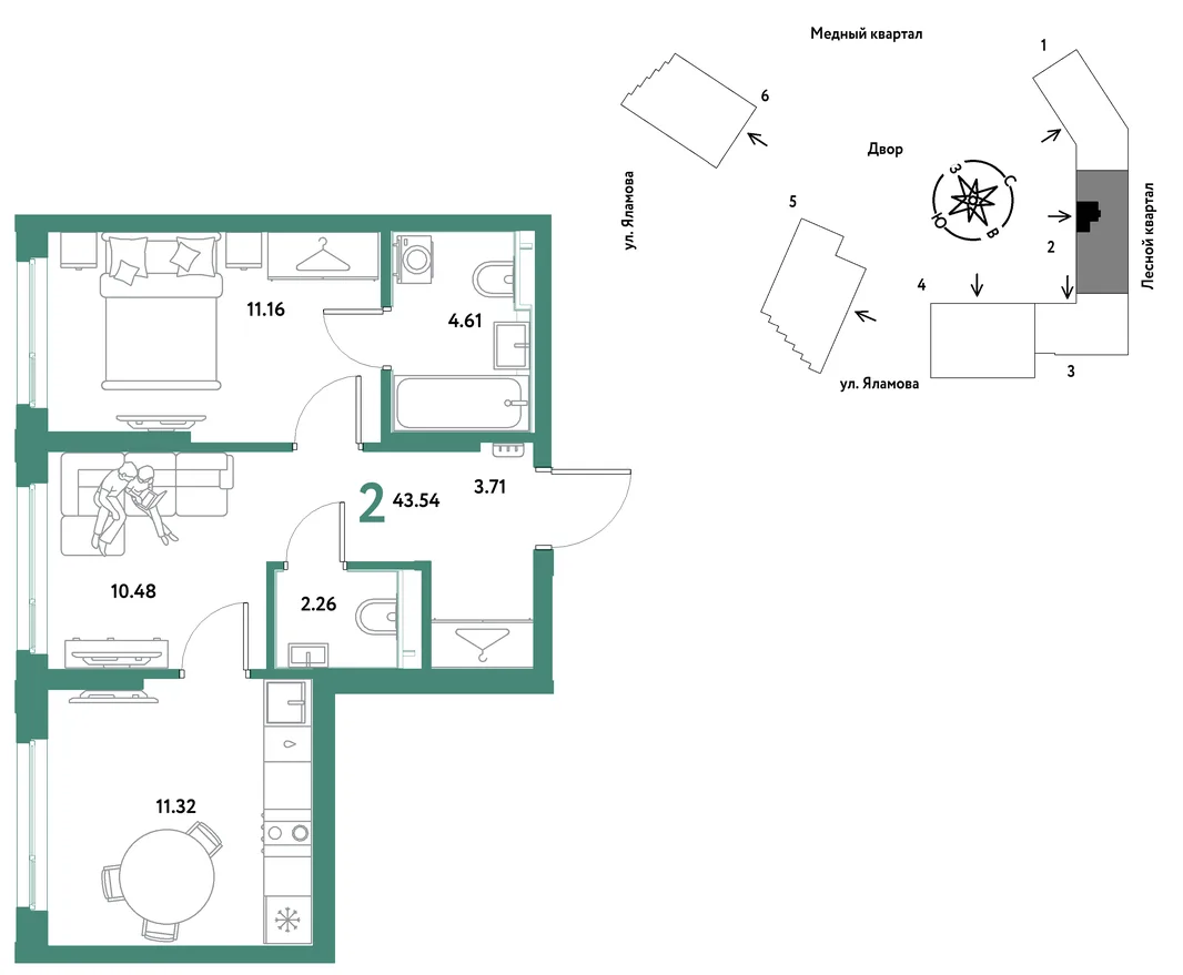 Планировка 2-комн. квартира, 43.54 м² ЖК «Сибирский сад»