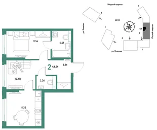 Планировка 2-комн. квартира, 43.54 м² ЖК «Сибирский сад»