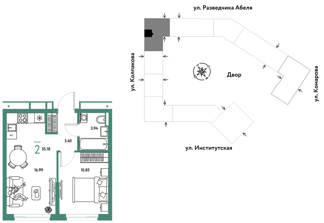 Планировка 2-комн. квартира, 35.18 м² ЖК «Страна.Парковая»