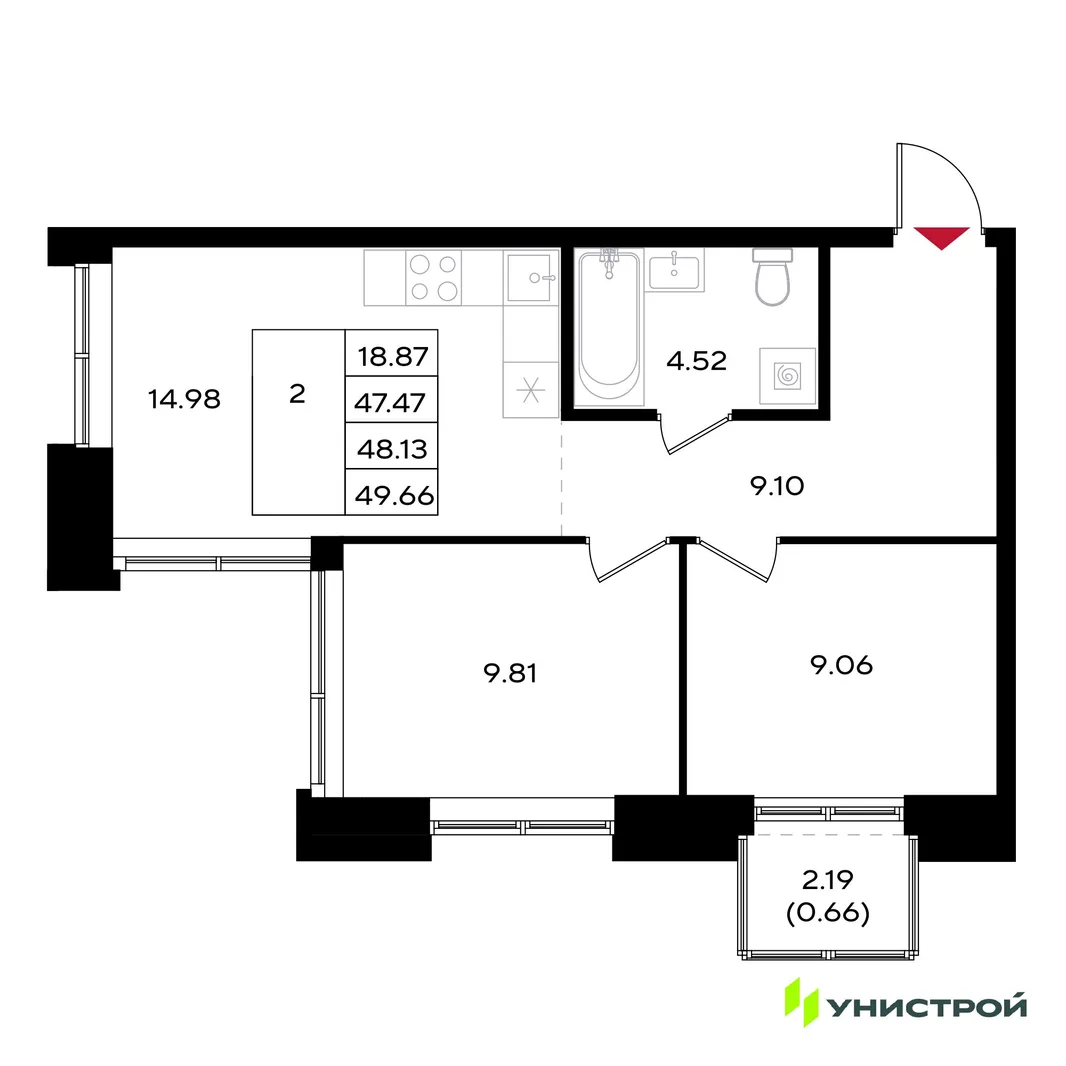 Планировка 2-комн. квартира, 48.13 м² ЖК «Уникум на Энгельса»