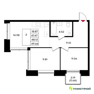 Планировка 2-комн. квартира, 48.13 м² ЖК «Уникум на Энгельса»