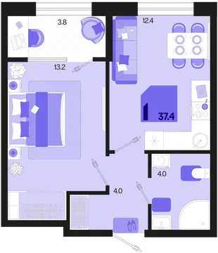 Планировка 1-комн. квартира, 37.4 м² ЖК «Первое место»