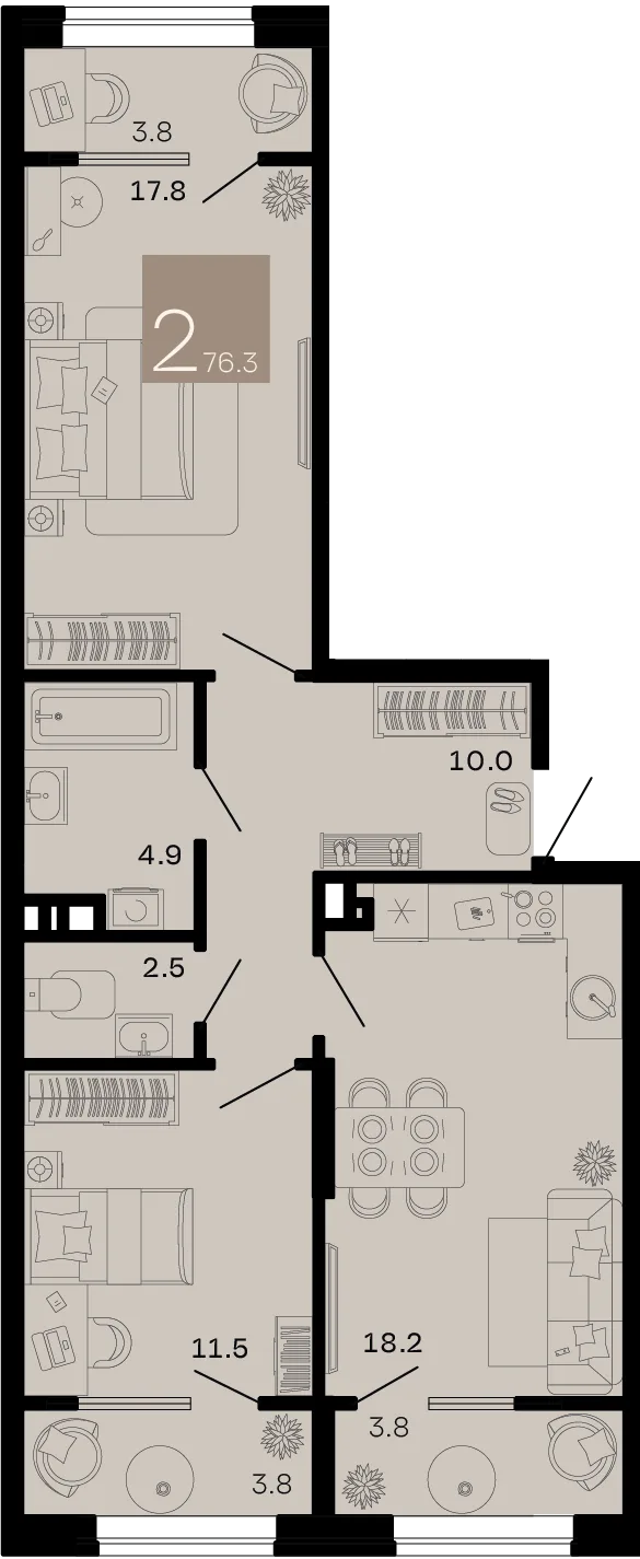 Планировка 2-комн. квартира, 76.3 м² ЖК «Хозяин морей»