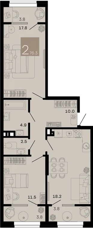 Планировка 2-комн. квартира, 76.3 м² ЖК «Хозяин морей»