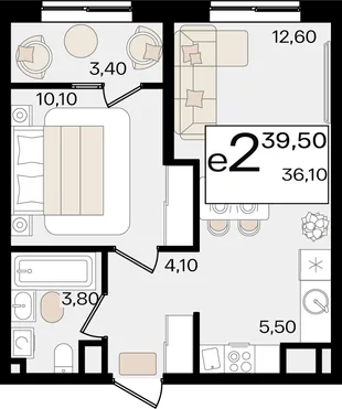 Планировка 2-комн. квартира, 39.5 м² ЖК «Патрики»