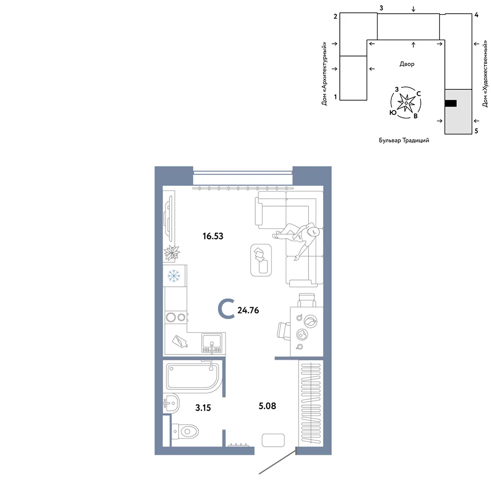 Планировка Студия, 24.76 м² ЖК «Микрорайон Домашний»