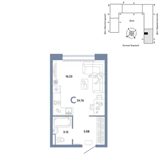 Планировка Студия, 24.76 м² ЖК «Микрорайон Домашний»