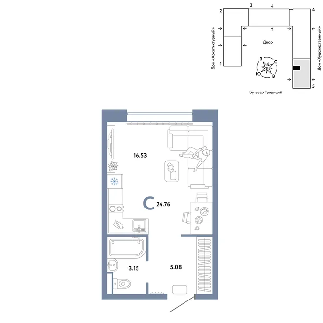 Планировка Студия, 24.76 м² ЖК «Микрорайон Домашний» Планировка Студия, 24.76 м² ЖК «Микрорайон Домашний»