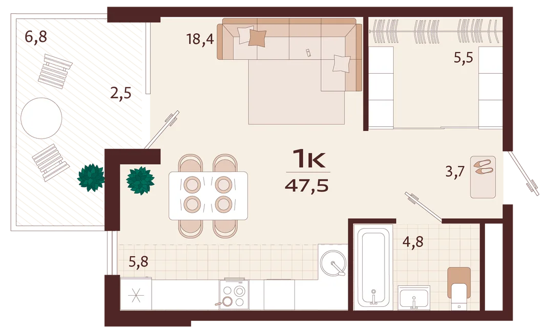 Планировка 1-комн. квартира, 47.5 м² ЖК «Роялта»