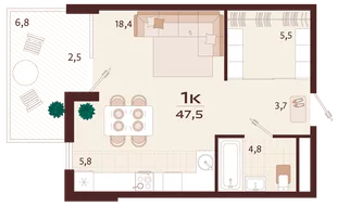 Планировка 1-комн. квартира, 47.5 м² ЖК «Роялта»