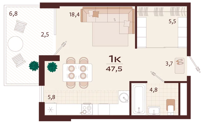 Планировка 1-комн. квартира, 47.5 м² ЖК «Роялта» Планировка 1-комн. квартира, 47.5 м² ЖК «Роялта»