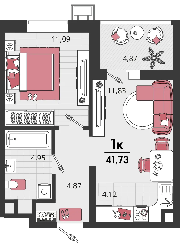 Планировка 2-комн. квартира, 41.73 м² ЖК «Родные просторы»
