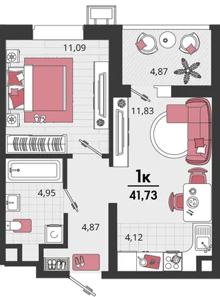 Планировка 2-комн. квартира, 41.73 м² ЖК «Родные просторы»