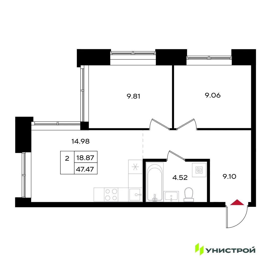 Планировка 2-комн. квартира, 47.47 м² ЖК «Уникум на Энгельса»