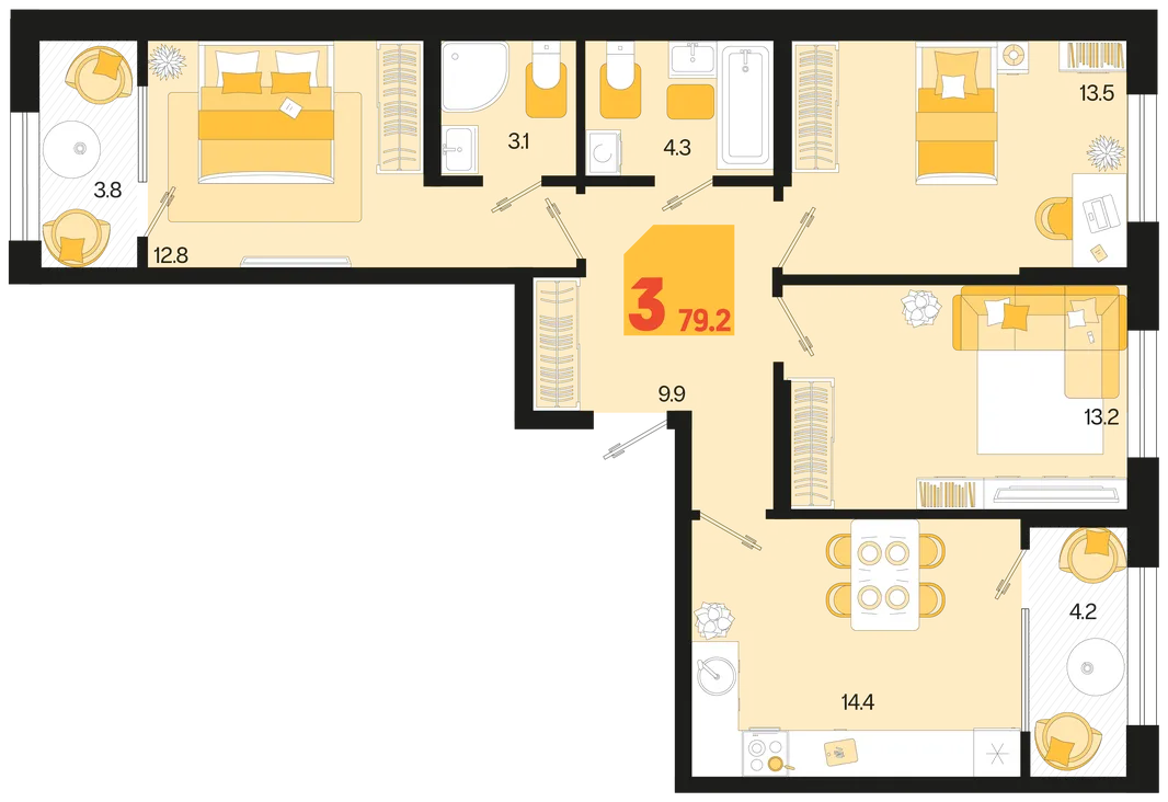 Планировка 3-комн. квартира, 79.2 м² ЖК «Первое место»