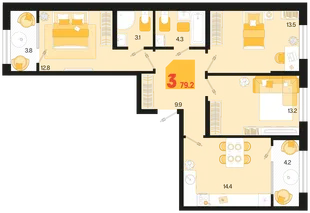 Планировка 3-комн. квартира, 79.2 м² ЖК «Первое место»