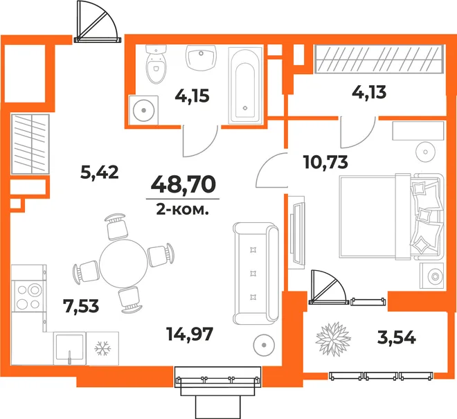 Планировка 2-комн. квартира, 48.7 м² ЖК «Живописный сад» Планировка 2-комн. квартира, 48.7 м² ЖК «Живописный сад»