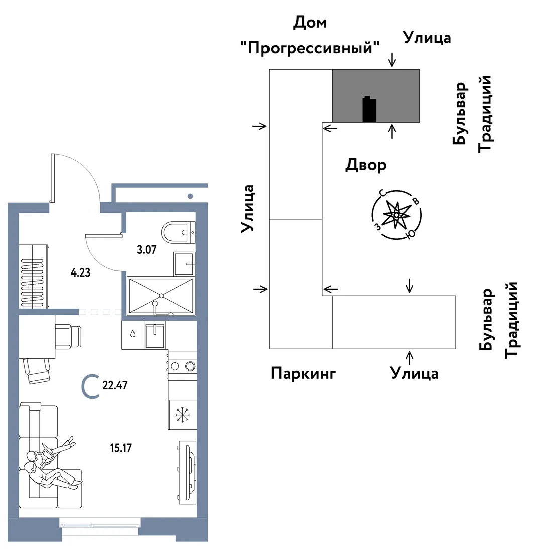 Планировка Студия, 22.47 м² ЖК «Микрорайон Домашний»