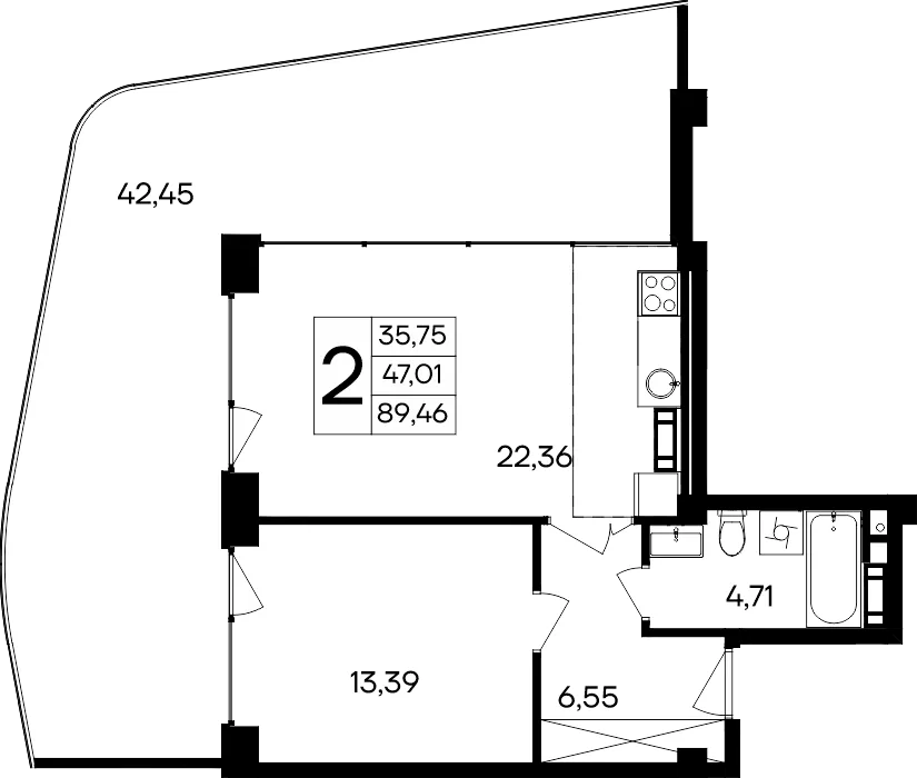 Планировка 2-комн. квартира, 89.46 м² Курортный кластер «САГА»