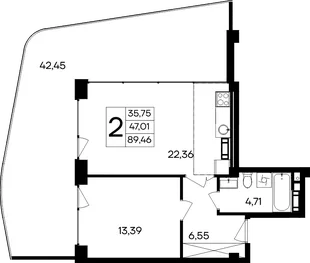 Планировка 2-комн. квартира, 89.46 м² Курортный кластер «САГА»