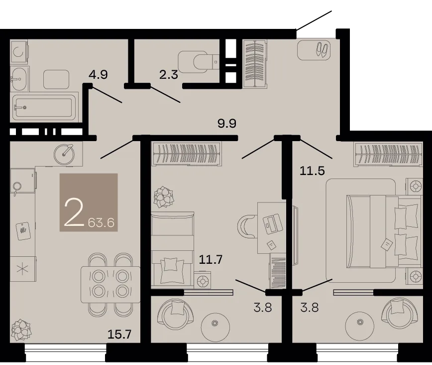 Планировка 2-комн. квартира, 63.6 м² ЖК «Хозяин морей»