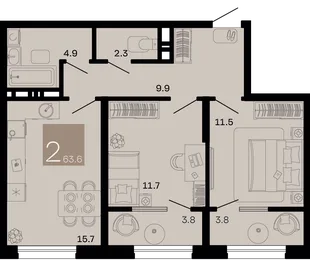 Планировка 2-комн. квартира, 63.6 м² ЖК «Хозяин морей»