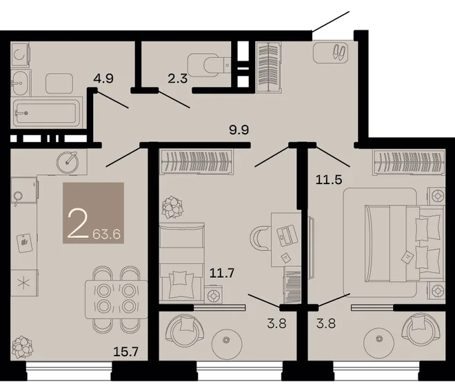 Планировка 2-комн. квартира, 63.6 м² ЖК «Хозяин морей» Планировка 2-комн. квартира, 63.6 м² ЖК «Хозяин морей»