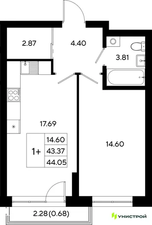 Планировка 1-комн. квартира, 44.05 м² ЖК «Уникод На Залесной»