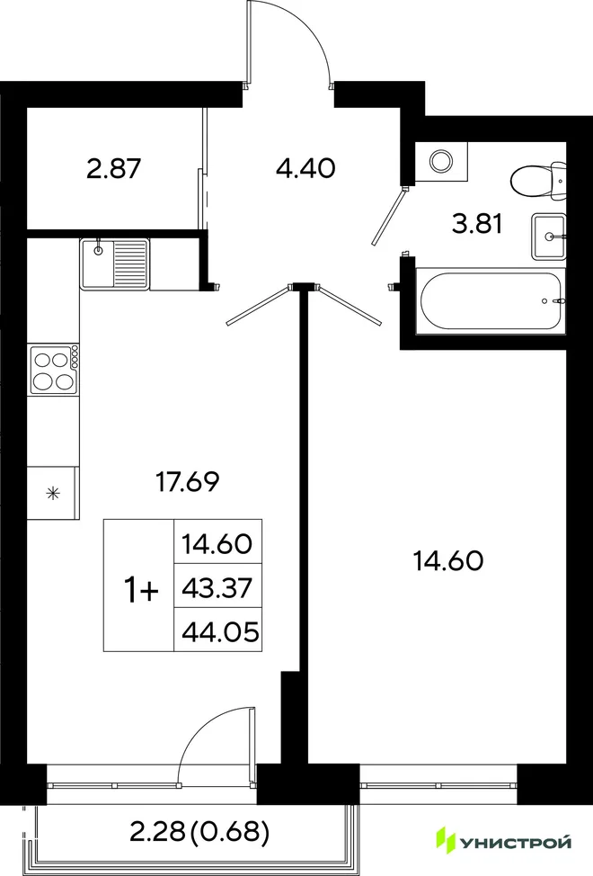 Планировка 1-комн. квартира, 44.05 м² ЖК «Уникод На Залесной»