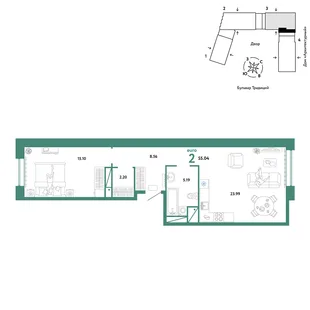 Планировка 2-комн. квартира, 55.04 м² ЖК «Микрорайон Домашний»