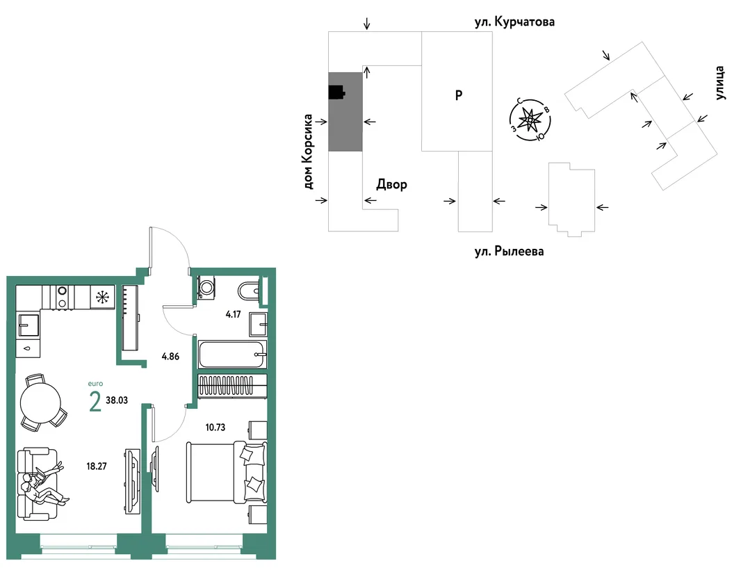 Планировка 2-комн. квартира, 38.03 м² ЖК «Остров-сад»