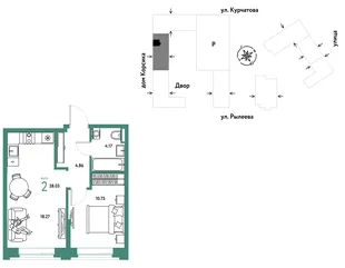 Планировка 2-комн. квартира, 38.03 м² ЖК «Остров-сад»